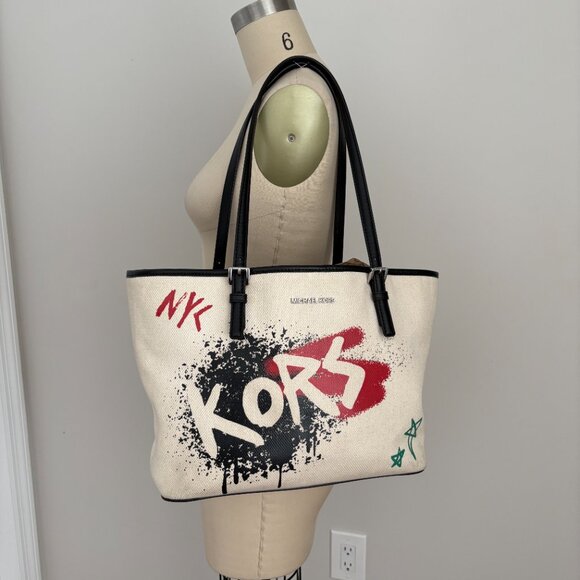 Michael Kors Graffiti Canvas Black Red and Cream Medium Tote - Picture 2 of 15